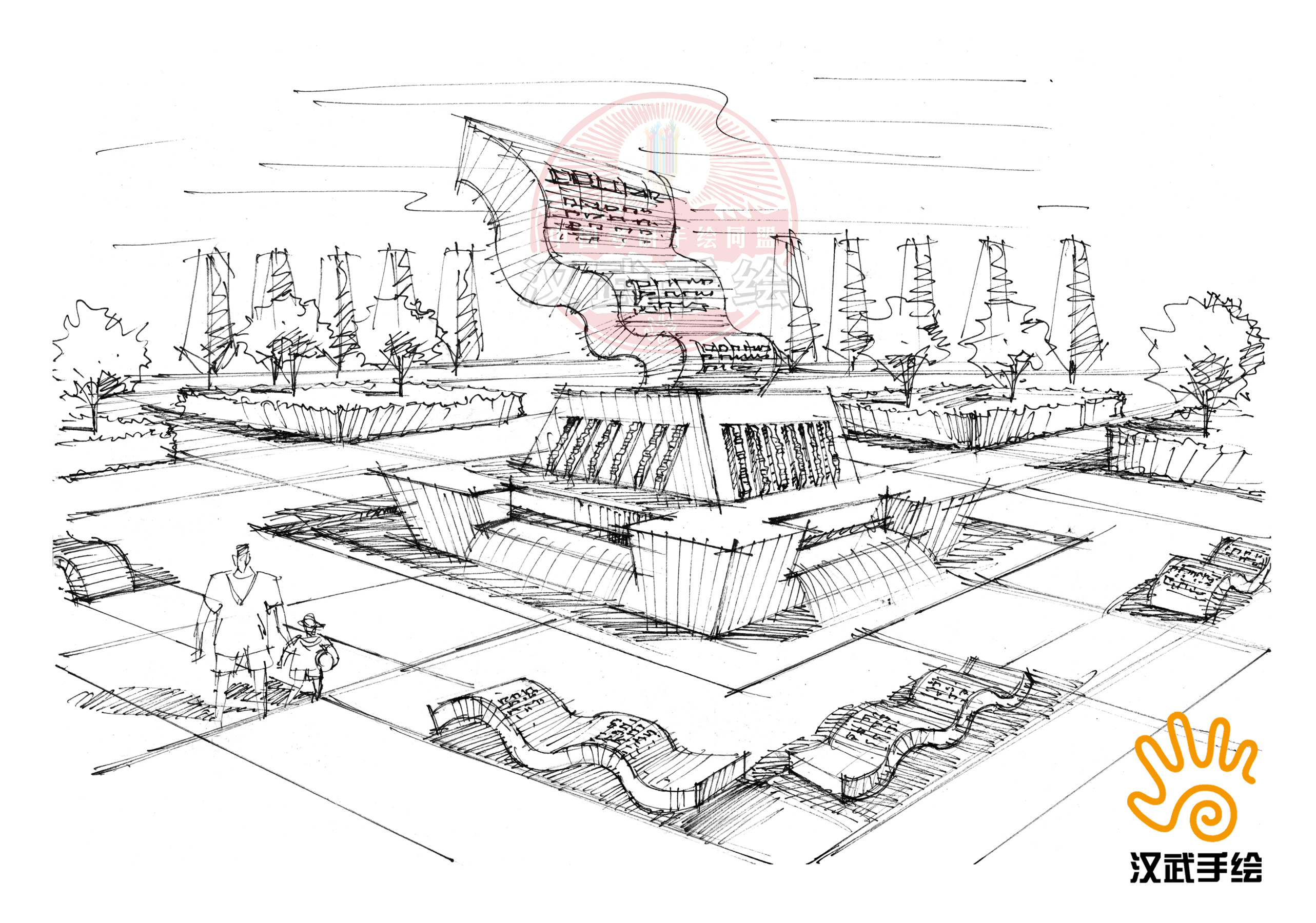 广场设计手绘线稿