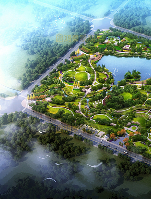 滨河公园环湖景观设计鸟瞰效果图展示
