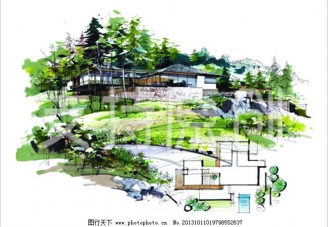 手绘别墅与景观设计 艺术与自然的完美融合